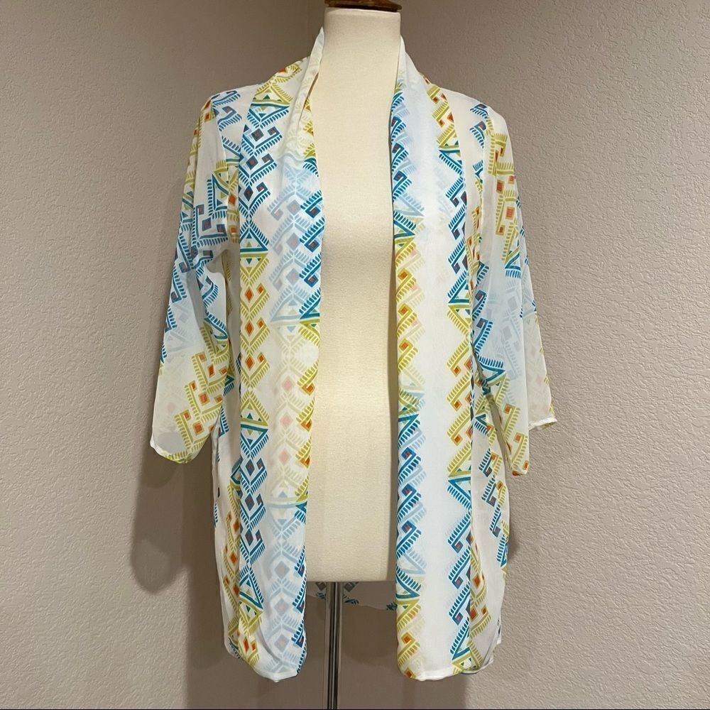 Peach Love California Aztec Geometric Kimono Sheer Ivory Chiffon Boho USA M - Picture 7 of 11